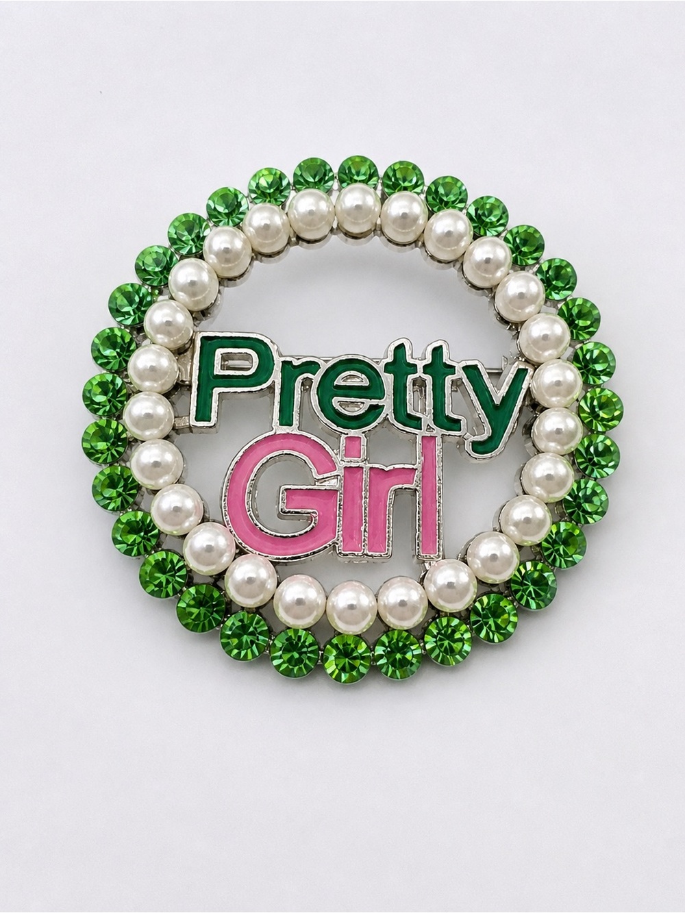 Pretty Girl Rhinestone & Faux Pearl‎ Circle Brooch Pin Green Crystal